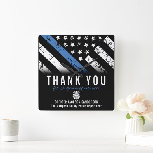 警察退職記念日ブルーライン国旗 スクエア壁時計 (ホーム)