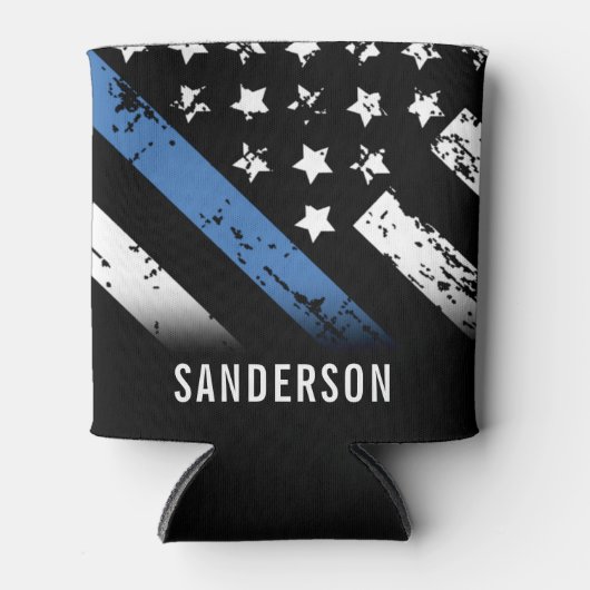 警察退職記念日ブルーライン国旗 缶クーラー (正面)