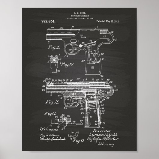 警察銃1911特許アート – Chalkboard ポスター (正面)