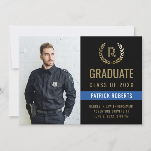 警察黒金ゴールドローレルリース写真卒業 案内状 (正面)