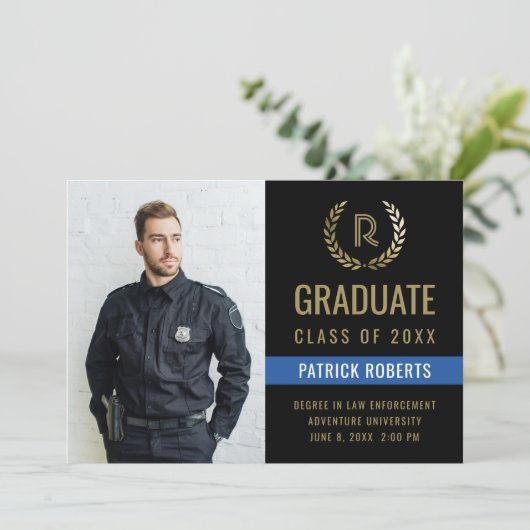 警察黒金ゴールドローレルリース写真卒業 案内状 (スタンド正面)