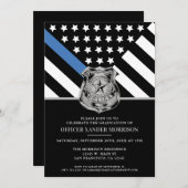 警察 卒業 記念 薄い青い線の旗 招待状 (正面/裏面)
