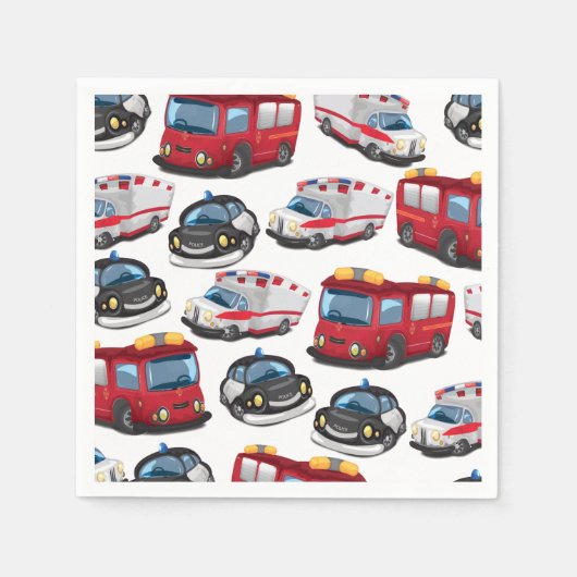 警察、救急車、消防車。 スタンダードカクテルナプキン (正面)