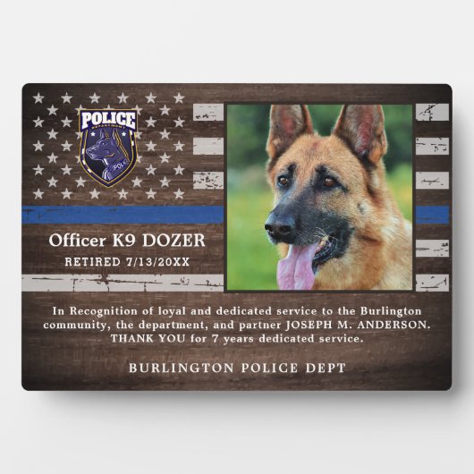 警察K9犬法執行役員退職 フォトプラーク (正面)