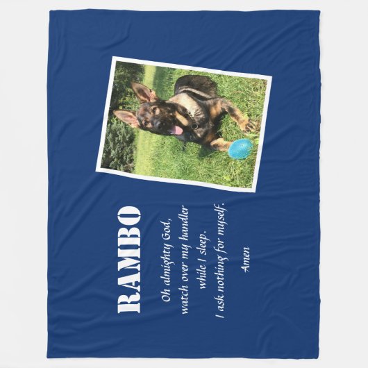 警察K-9パーソナライズされた写真K9祈りの言葉青 フリースブランケット (正面)