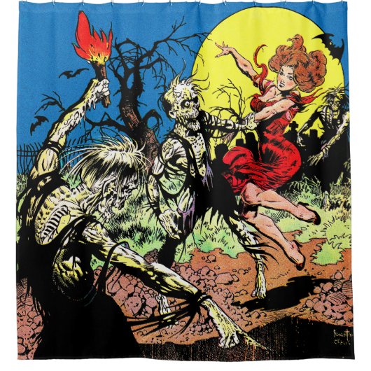 警戒ヴィンテージホラー漫画墓地ゾンビ シャワーカーテン (正面)