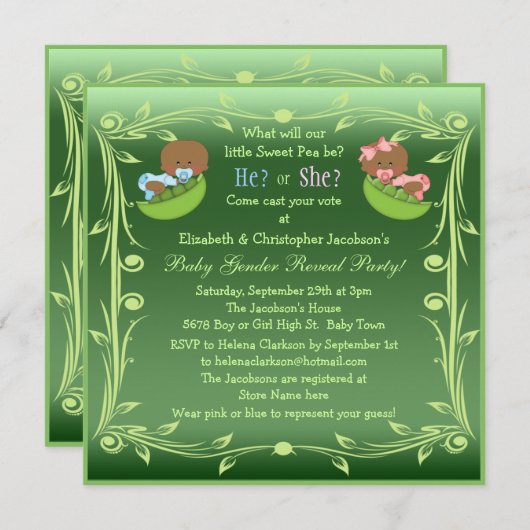 豆のさやにアフリカ系アメリカ人のベビーを示す性別 招待状 (正面/裏面)