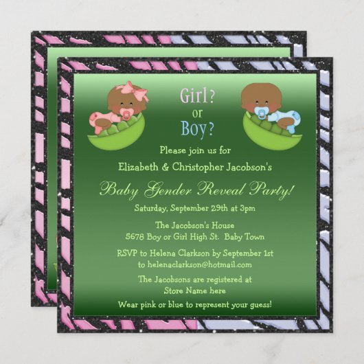 豆のさやにアフリカ系アメリカ人のベビーを示す性別 招待状 (正面/裏面)