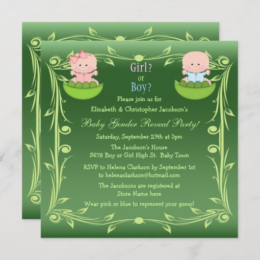 豆のさやの中にベビーを現すかわいい性 招待状 (正面/裏面)