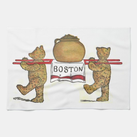 豆のポットを運んでいるヴィンテージのテディー・ベア キッチンタオル (横)