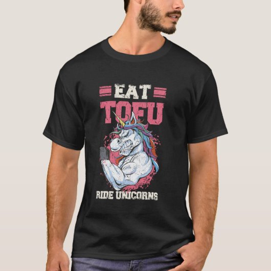 豆腐を食べてユニコーンに乗ろう ヴィーガン料理 肉を使わない料理 Tシャツ (正面)