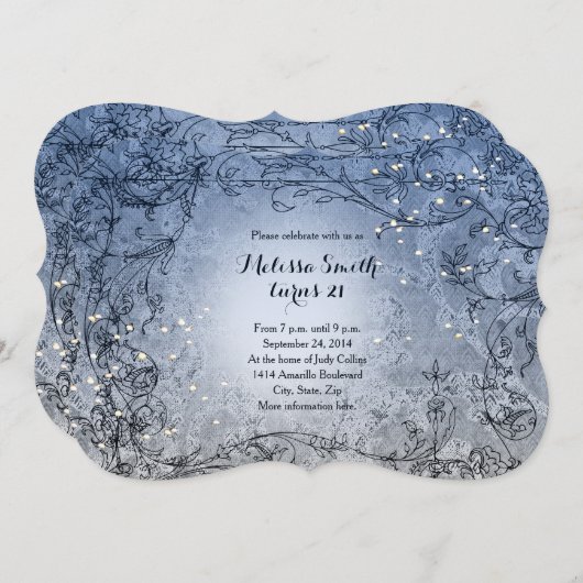 豆電球の風変わりで青い誕生日のパーティの招待状 招待状 (正面/裏面)