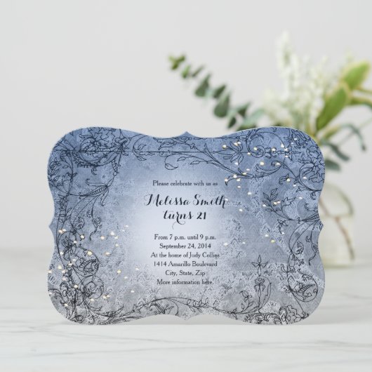 豆電球の風変わりで青い誕生日のパーティの招待状 招待状 (スタンド正面)