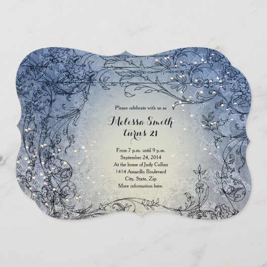 豆電球の風変わりで青い誕生日のパーティの招待状 招待状 (正面/裏面)