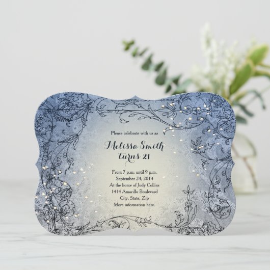 豆電球の風変わりで青い誕生日のパーティの招待状 招待状 (スタンド正面)