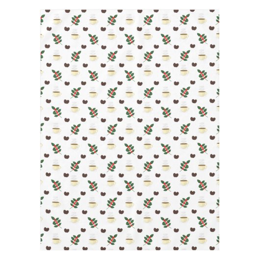 豆、カップ、コーヒーの木を使ったコーヒーパターン テーブルクロス (正面)