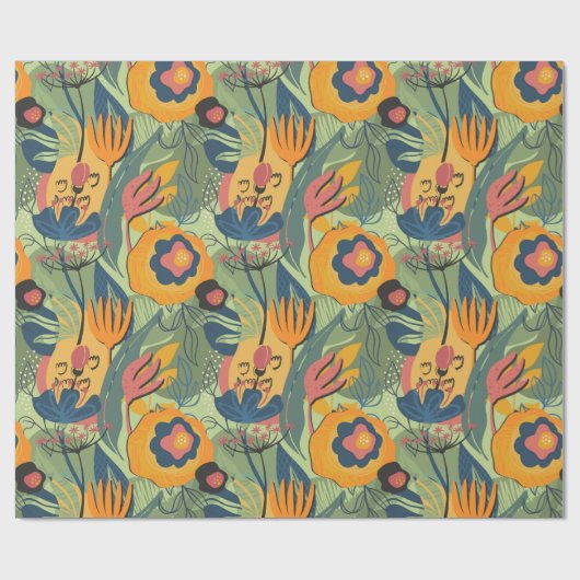 豊かなアースカラーのエキゾチックな花のパターン ラッピングペーパー (フラット)