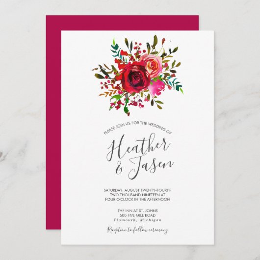 豊かなバラルビー結婚レッド 招待状 (正面/裏面)