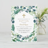 豊かなユーカリのフレーム ゴールドクロス 男の子の洗礼 招待状 (スタンド正面)