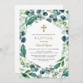 豊かなユーカリのフレーム ゴールドクロス 男の子の洗礼 招待状 (正面/裏面)