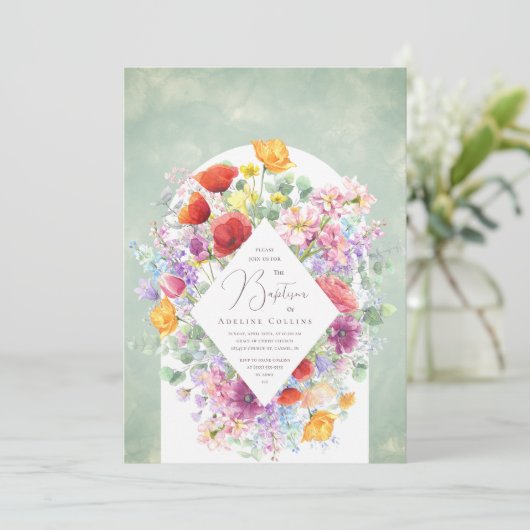 豊かなワイルドフラワーソフトウォーター色バプテスマ 招待状 (スタンド正面)
