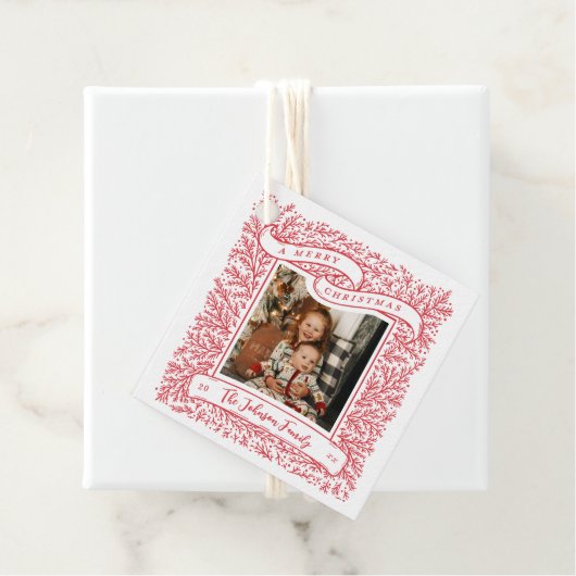 豊かな枝の写真赤と白クリスマス フェイバータグ (インサイチュ)