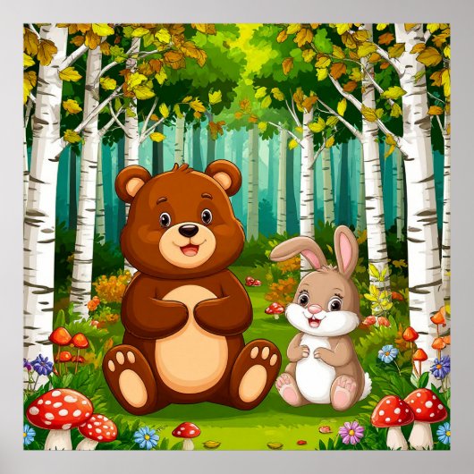 豊かな森に座るキャラクターのクマとうさぎ ポスター (正面)