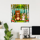 豊かな森に座るキャラクターのクマとうさぎ ポスター (ホームオフィス)