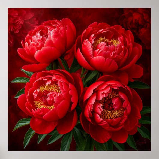 豊かな深紅色の背景に咲く赤い芍薬 ポスター (正面)