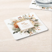 豊かな焼きオレンジ色の秋の花と緑 スクエアペーパーコースター (アングル)