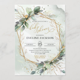 豊かな緑のユーカリと偽の金のベビーシャワー 招待状