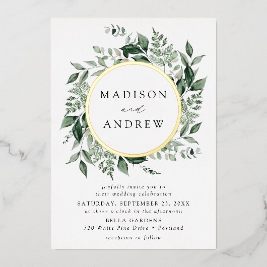 豊かな緑のリース結婚金ゴールド 箔招待状 (正面)