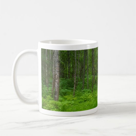 豊かな緑の森の風景 コーヒーマグカップ (左)