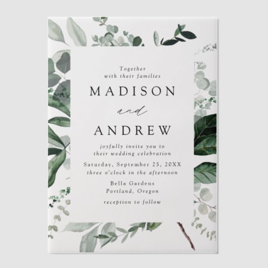 豊かな緑の結婚枠 ベラム紙招待状 (正面)