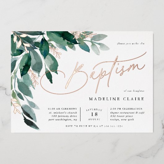 豊かな葉 | 緑植物洗礼 箔招待状 (正面)