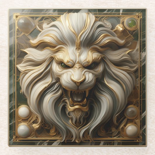 豊かな装飾を持つ強力な金獅子 ガラスコースター (正面)