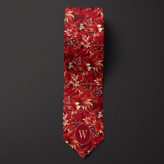 豊かな赤とクリームの花柄 ネクタイ