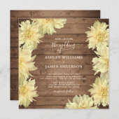 豊かな黄色のダリアの花の農村風木製結婚式 招待状 (正面/裏面)