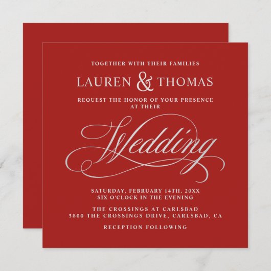 豊エレガントかな赤の書道の銀結婚色 招待状 (正面/裏面)