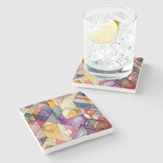 豊富な幾何学的モザイクのステンドグラスの水色 ストーンコースター (横)