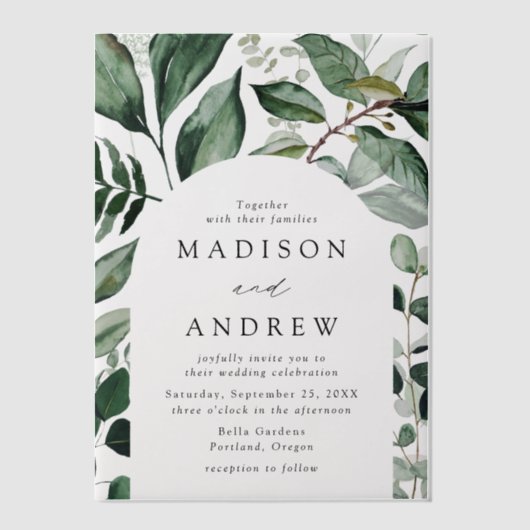 豊富な緑のアーチフレ結婚ーム ベラム紙招待状 (正面)