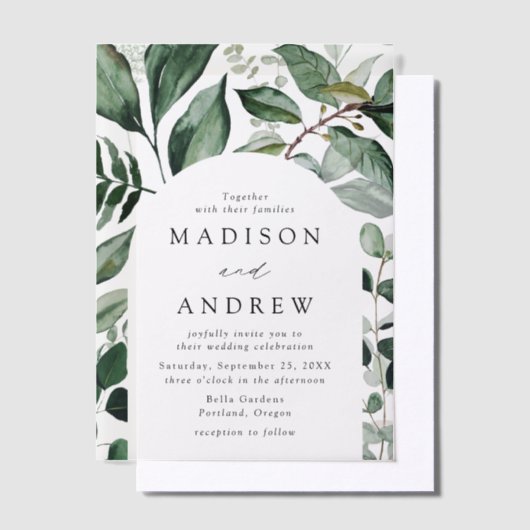 豊富な緑のアーチフレ結婚ーム ベラム紙招待状 (オフセット)