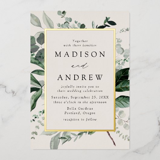 豊富な緑のクリームと金ゴールドフレ結婚ーム 箔招待状 (正面)