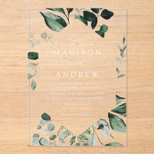 豊富な緑の幾何学模様結婚の枠 アクリル招待状 (正面)