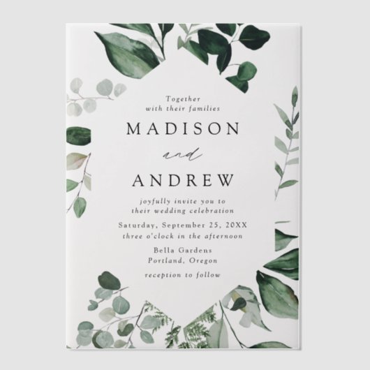 豊富な緑の幾何学模様結婚の枠 ベラム紙招待状 (正面)