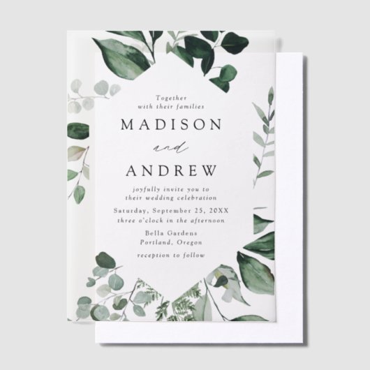 豊富な緑の幾何学模様結婚の枠 ベラム紙招待状 (オフセット)