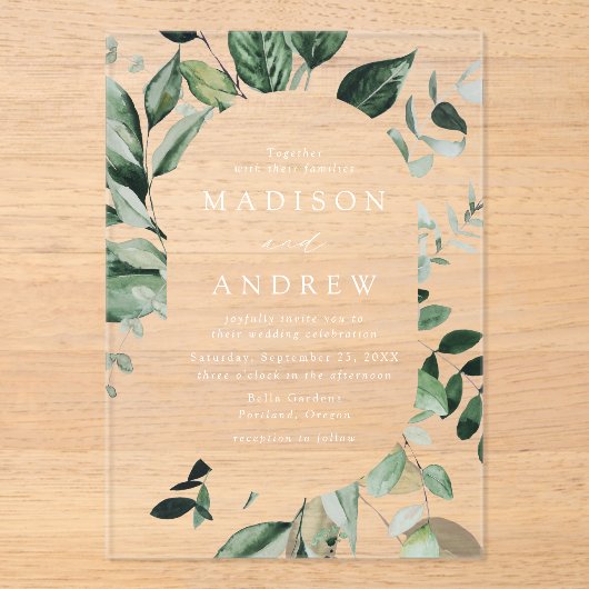 豊富な緑の楕円形の結婚枠 アクリル招待状 (正面)