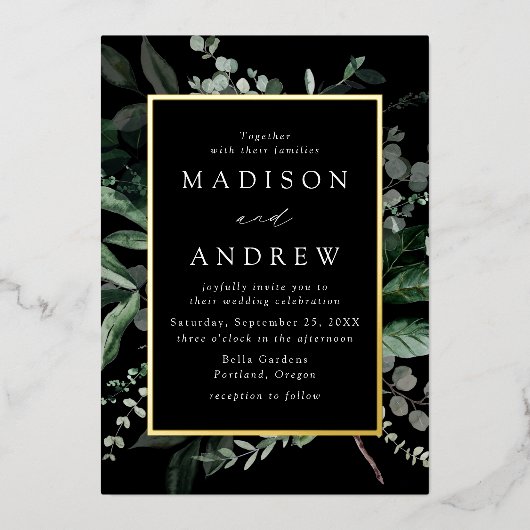 豊富な緑の黒と金ゴールドのフレ結婚ーム 箔招待状 (正面)