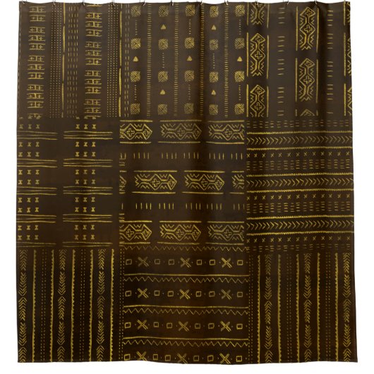 豊富な茶色の質の金ゴールドのアフリカの種族パターン シャワーカーテン (正面)