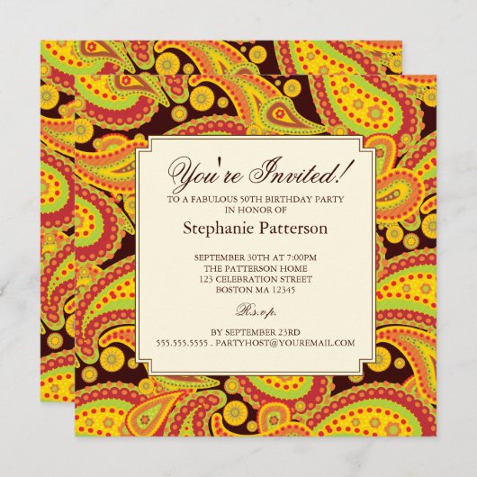 豊富な金ゴールドのペイズリーパターンマイル標石の誕生会 招待状 (正面/裏面)